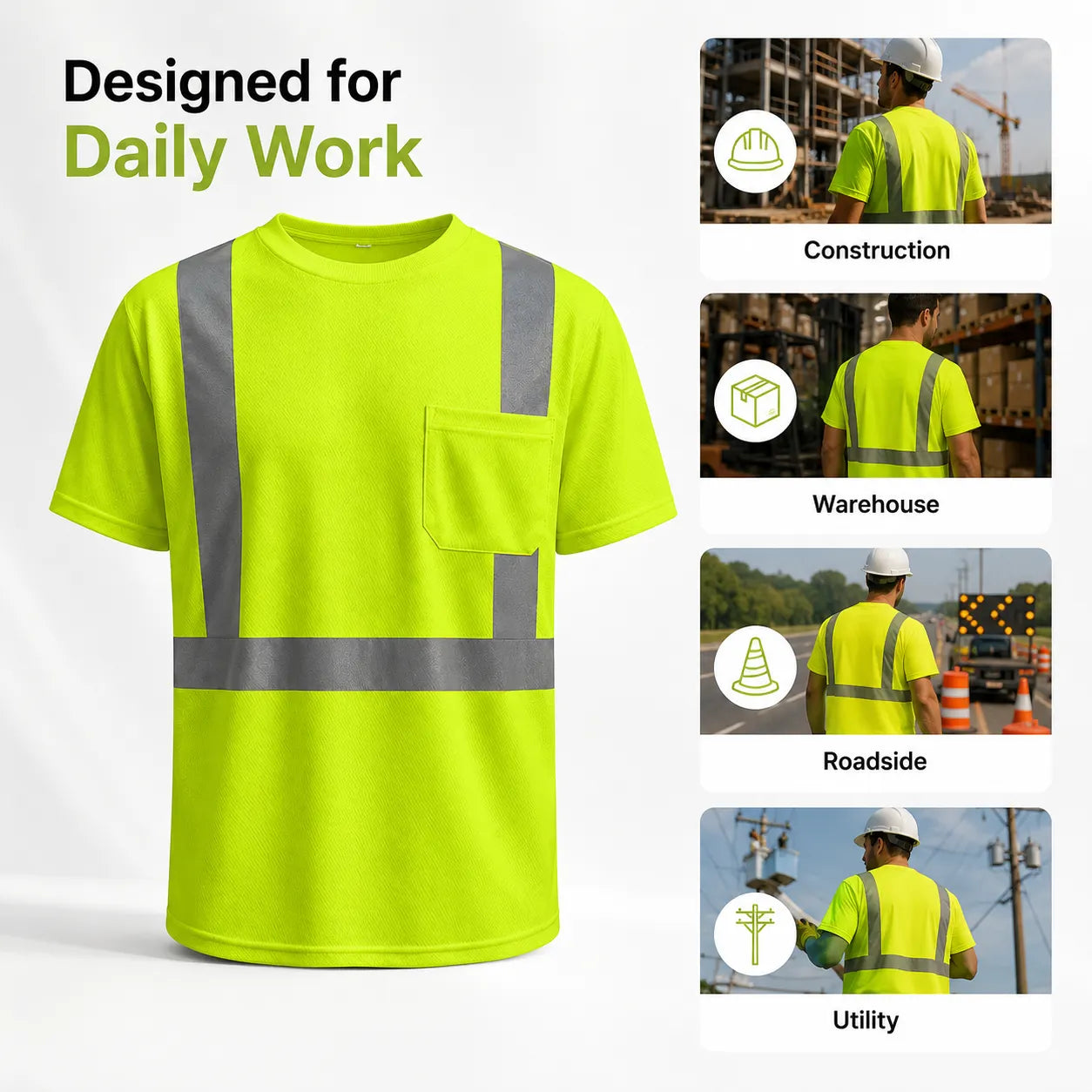 gss 5001 High-visibility lime short-sleeve work safety shirt with reflective stripes, shown on a white background with marketing text and four usage icons for construction, warehouse, roadside, and utility work.