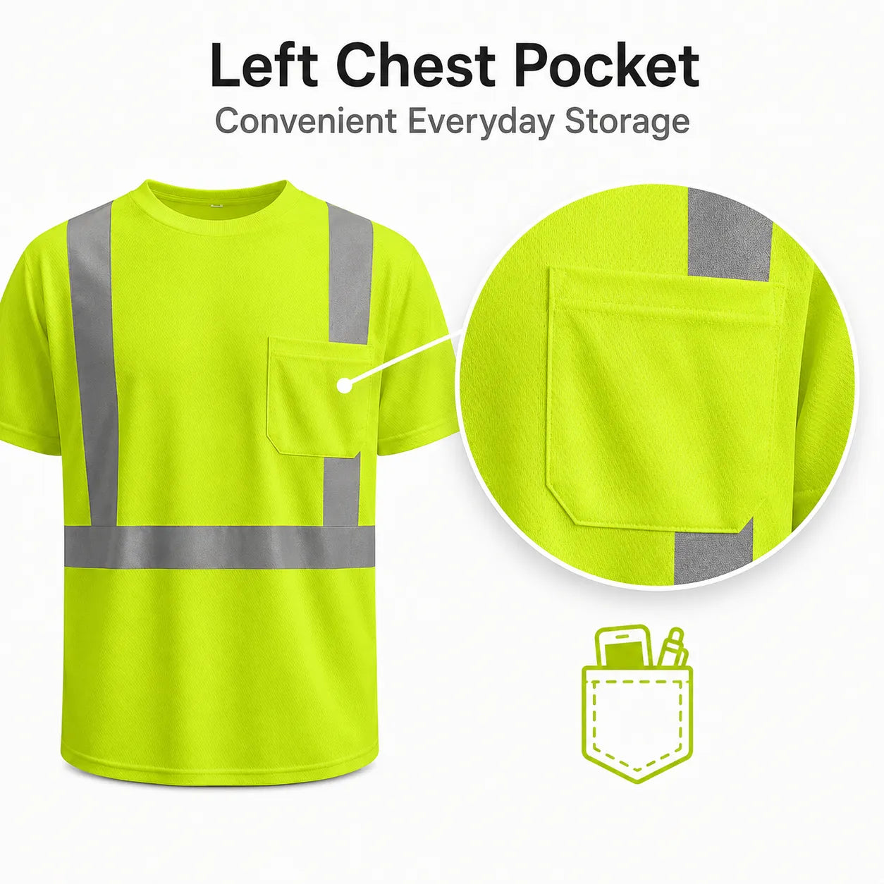 GSS 5001 High-visibility safety shirt in bright yellow-green with reflective stripes and a left chest pocket, shown on a white background with text reading 'Left Chest Pocket' and a circular close-up of the pocket.