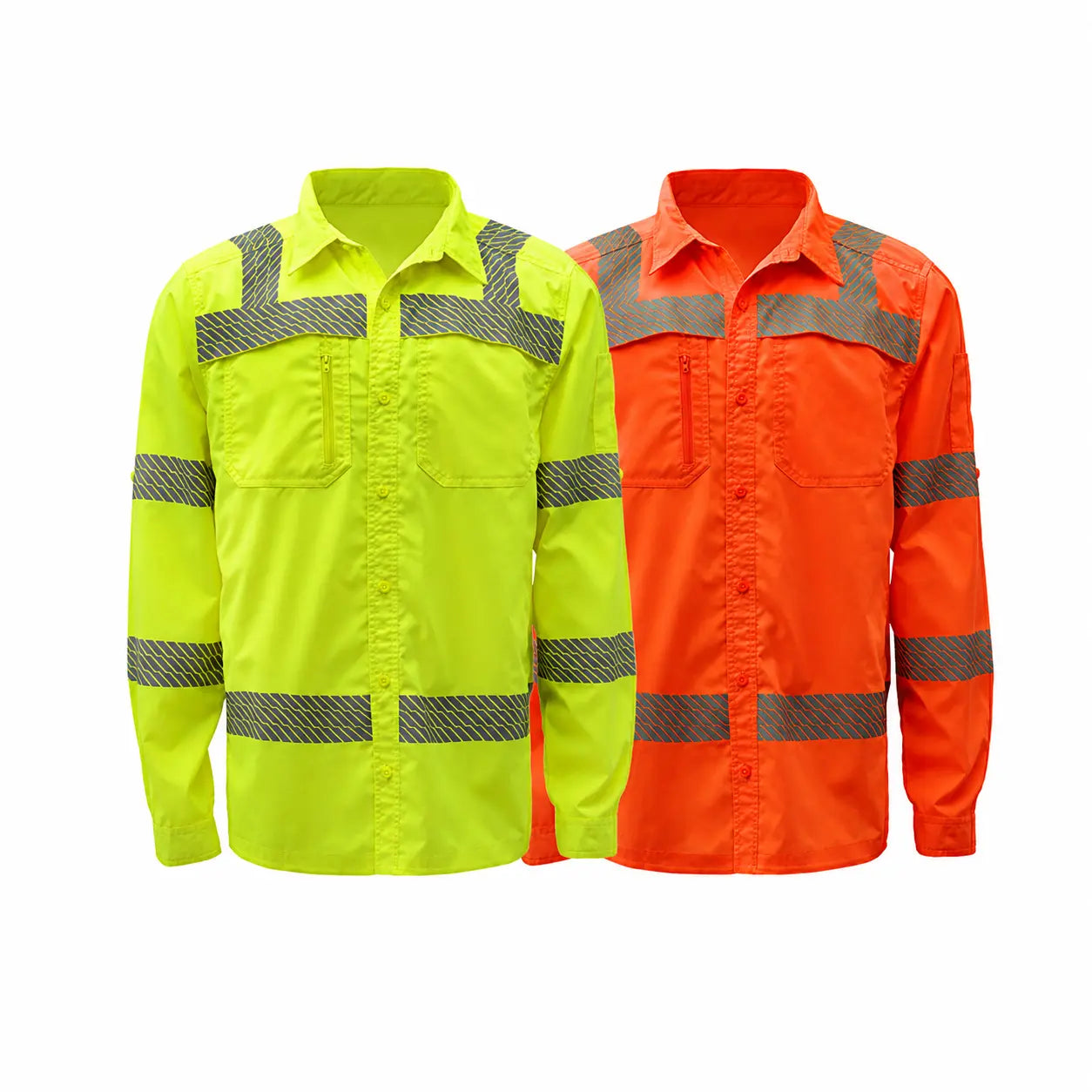 GSS 7505 and GSS 7506 Class 3 Lightweight Ripstop Button Down Work Shirts in lime and orange, front view, ANSI Type R Class 3 high-visibility reflective shirts with SPF 50+ protection