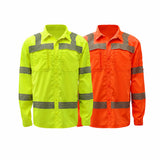 GSS 7505 and GSS 7506 Class 3 Lightweight Ripstop Button Down Work Shirts in lime and orange, front view, ANSI Type R Class 3 high-visibility reflective shirts with SPF 50+ protection