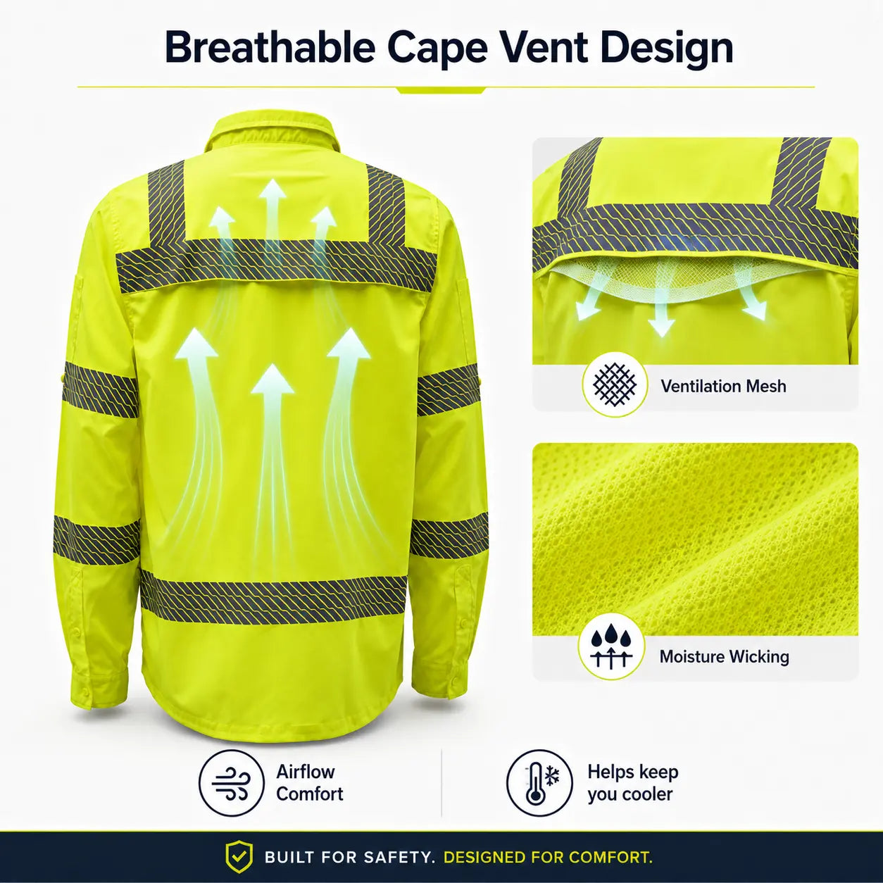 GSS 7505 Class 3 Lightweight Ripstop Button Down Work Shirt in lime featuring breathable cape vent design, ventilation mesh, moisture-wicking fabric, and SPF 50+ protection