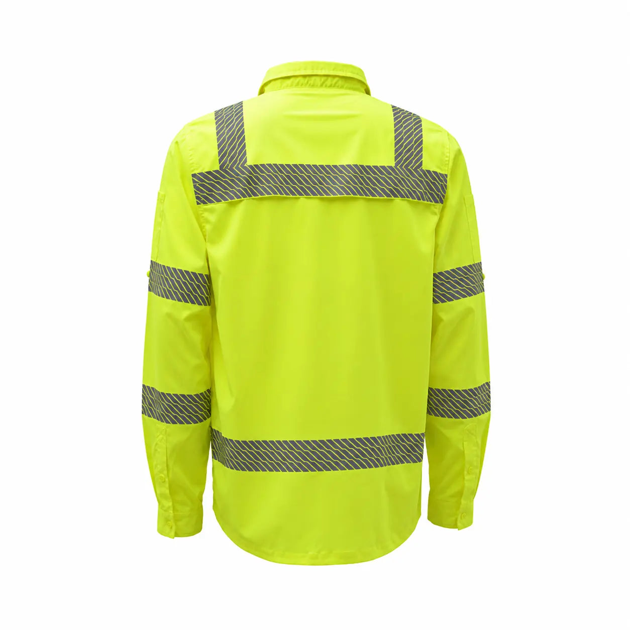 GSS 7505 Class 3 Lightweight Ripstop Button Down Work Shirt in lime, back view, ANSI Type R Class 3 high-visibility reflective shirt with SPF 50+ protection