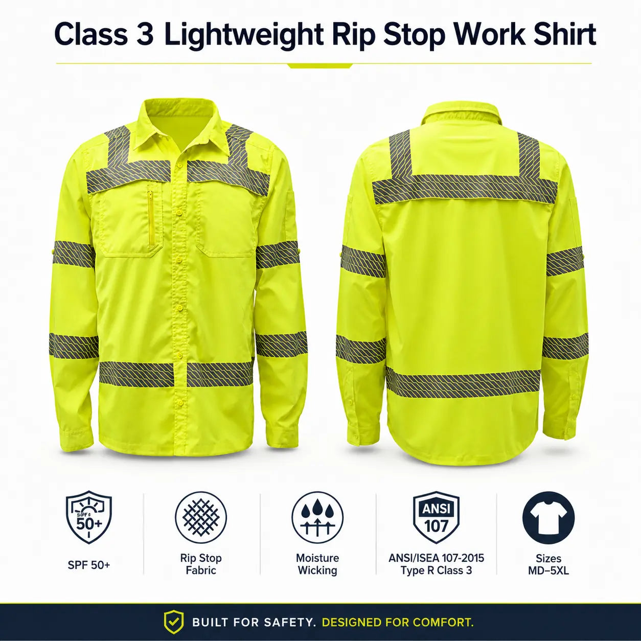 GSS 7505 Class 3 Lightweight Ripstop Button Down Work Shirt in lime, front and back view, ANSI Type R Class 3 high-visibility reflective shirt with SPF 50+ protection