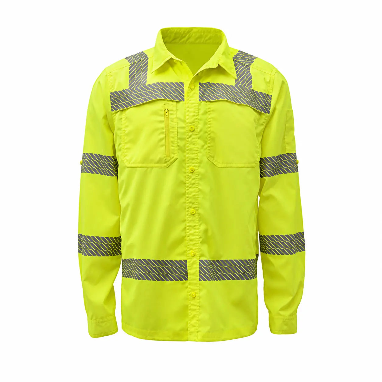 GSS 7505 Class 3 Lightweight Ripstop Button Down Work Shirt in lime, front view, ANSI Type R Class 3 high-visibility reflective shirt with SPF 50+ protection