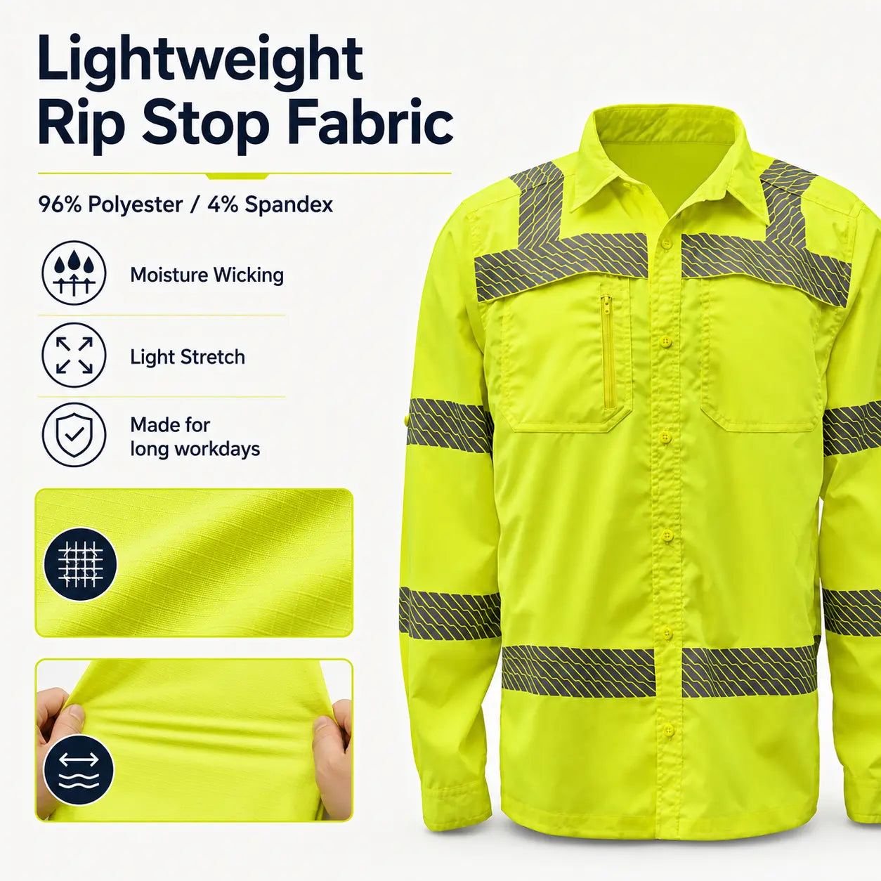 GSS 7505 Class 3 Lightweight Ripstop Button Down Work Shirt in lime featuring lightweight ripstop fabric, moisture-wicking performance, light stretch, and SPF 50+ protection