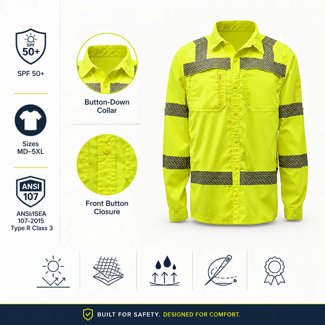GSS 7505 Class 3 Lightweight Ripstop Button Down Work Shirt in lime featuring a button-down collar, front button closure, SPF 50+ protection, and ANSI Type R Class 3 certification