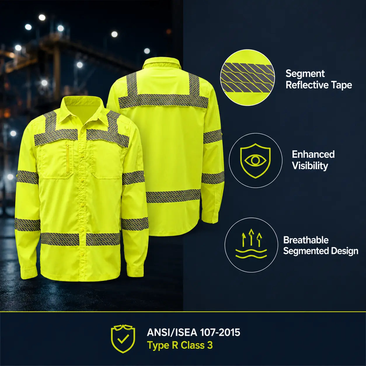 GSS 7505 Class 3 Lightweight Ripstop Button Down Work Shirt in lime featuring segmented reflective tape, enhanced visibility, breathable design, and ANSI Type R Class 3 certification