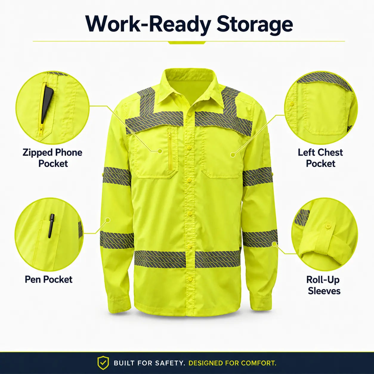 GSS 7505 Class 3 Lightweight Ripstop Button Down Work Shirt in lime featuring a zippered phone pocket, left chest pocket, pen pocket, and roll-up sleeves, ANSI Type R Class 3 high-visibility reflective shirt with SPF 50+ protection