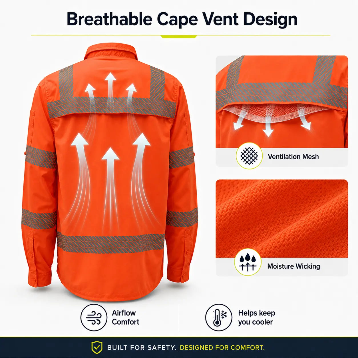 GSS 7506 Class 3 Lightweight Ripstop Button Down Work Shirt in orange featuring breathable cape vent design, ventilation mesh, moisture-wicking fabric, and SPF 50+ protection
