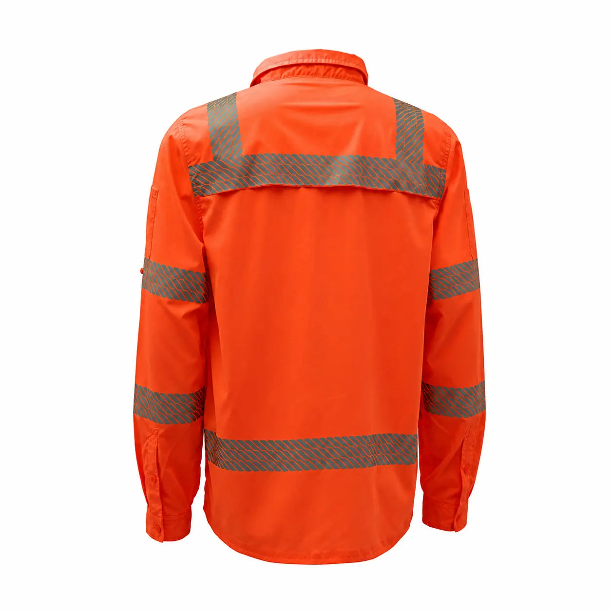 GSS 7506 Class 3 Lightweight Ripstop Button Down Work Shirt in orange, back view, ANSI Type R Class 3 high-visibility reflective shirt with SPF 50+ protection