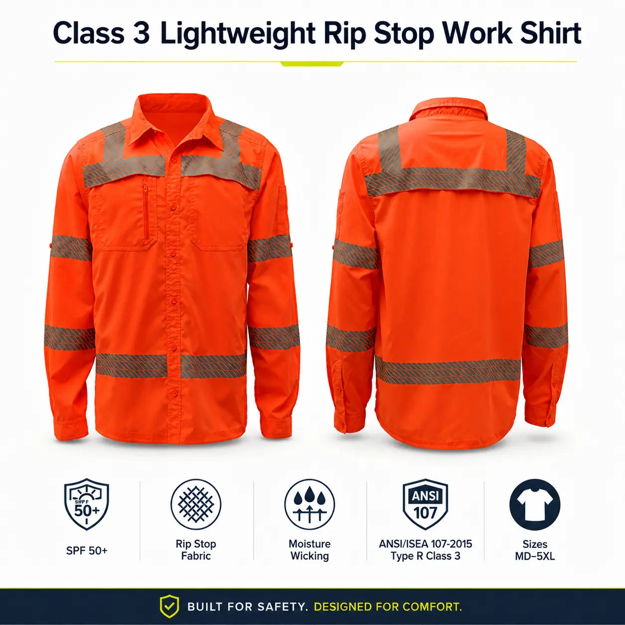 GSS 7506 Class 3 Lightweight Ripstop Button Down Work Shirt in orange, front and back view, ANSI Type R Class 3 high-visibility reflective shirt with SPF 50+ protection