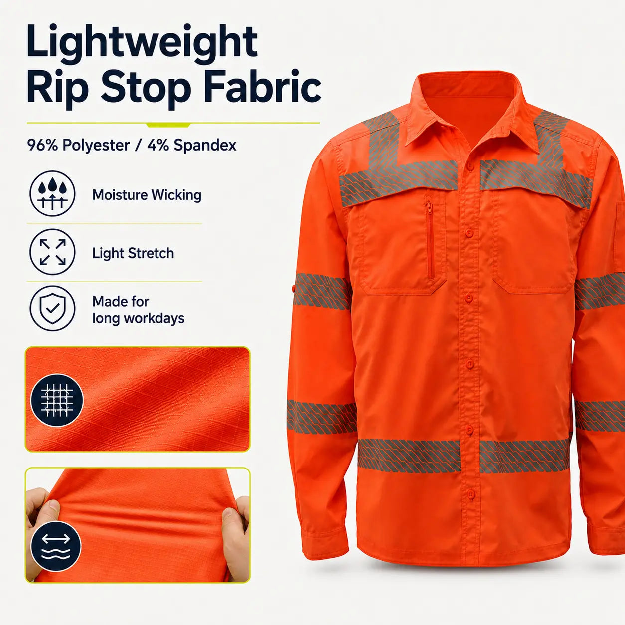 GSS 7506 Class 3 Lightweight Ripstop Button Down Work Shirt in orange featuring lightweight ripstop fabric, moisture-wicking performance, light stretch, and SPF 50+ protection