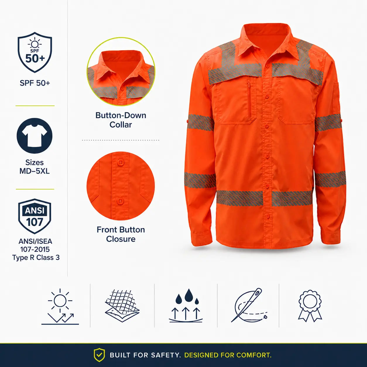 GSS 7506 Class 3 Lightweight Ripstop Button Down Work Shirt in orange featuring a button-down collar, front button closure, SPF 50+ protection, and ANSI Type R Class 3 certification
