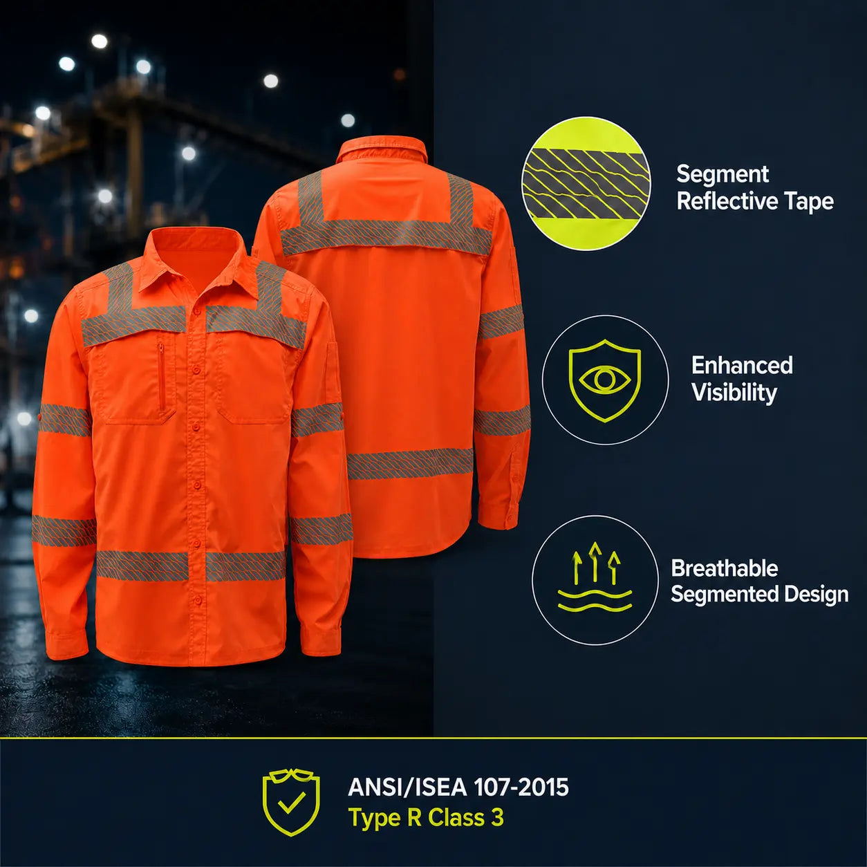 GSS 7506 Class 3 Lightweight Ripstop Button Down Work Shirt in orange featuring segmented reflective tape, enhanced visibility, breathable design, and ANSI Type R Class 3 certification