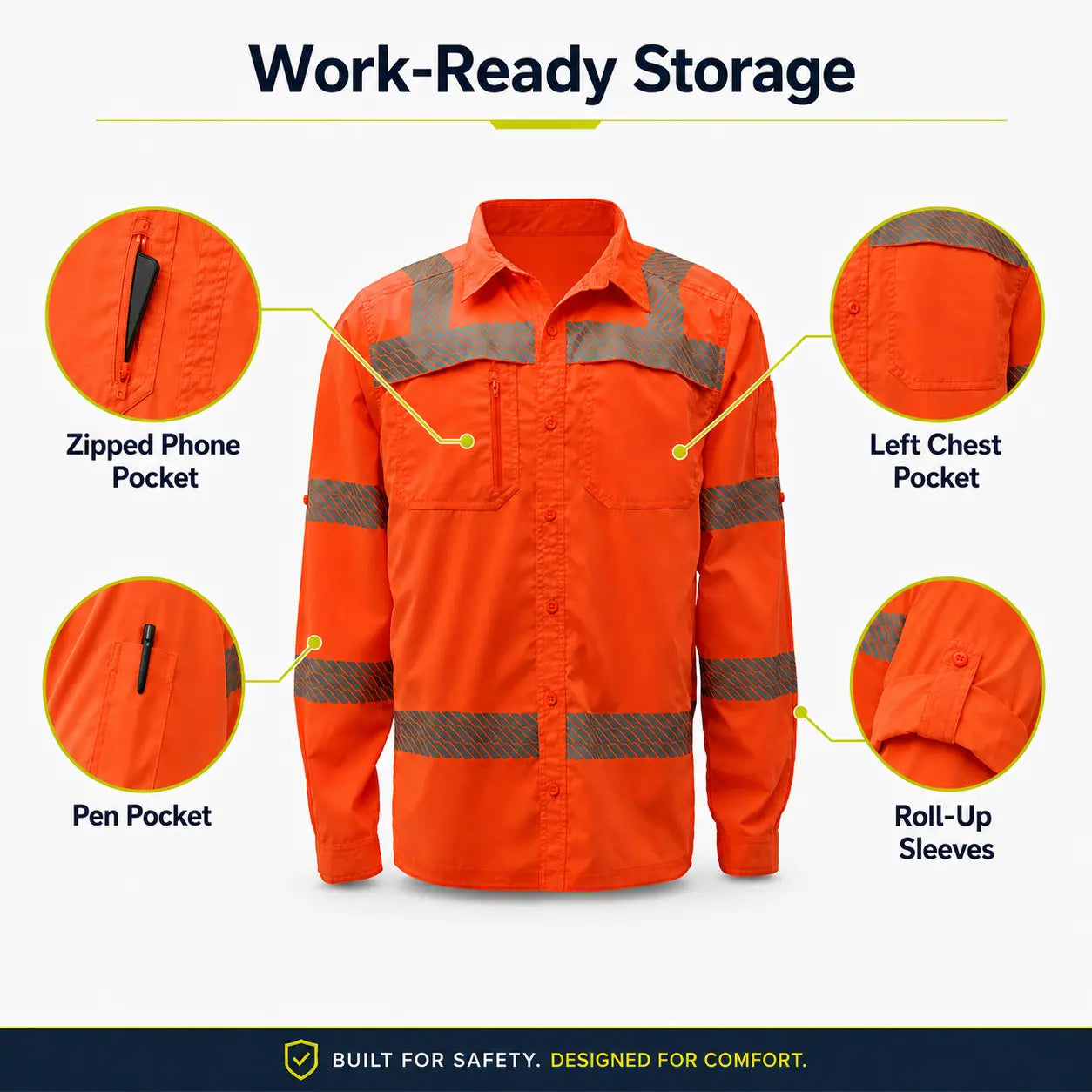 GSS 7506 Class 3 Lightweight Ripstop Button Down Work Shirt in orange featuring a zippered phone pocket, left chest pocket, pen pocket, and roll-up sleeves, ANSI Type R Class 3 high-visibility reflective shirt with SPF 50+ protection