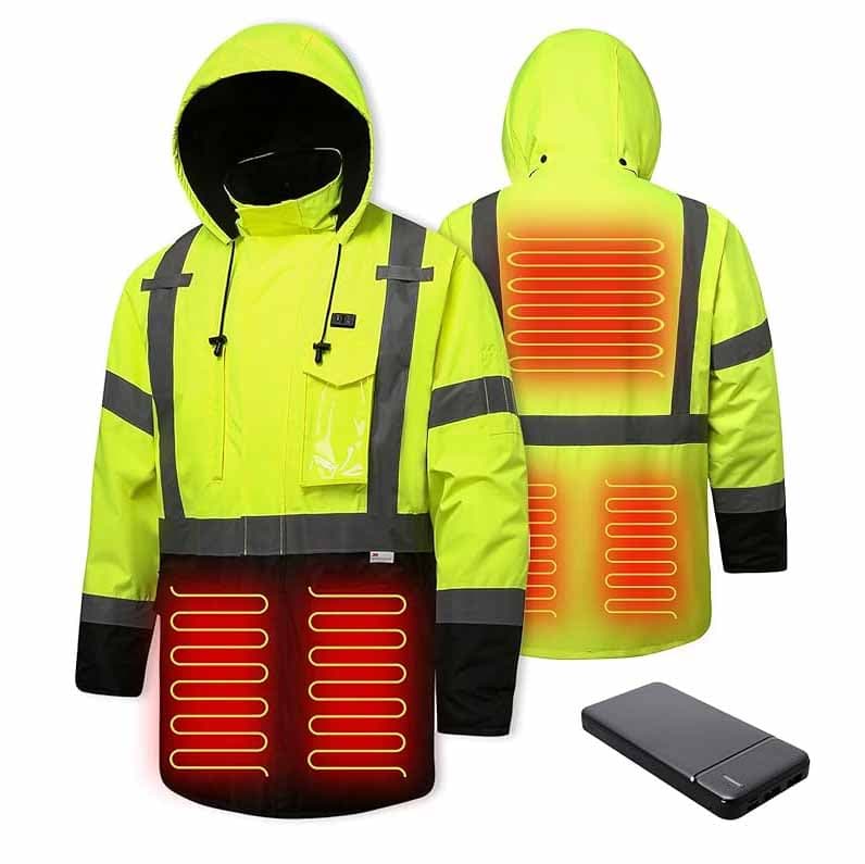 HivisPro J2081 High-visibility ANSI class 3  lime heated jacket with battery pack on a white background