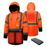 HivisPro J2082 High-visibility ANSI class 3 orange heated jacket with battery pack on a white background