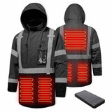 HivisPro J2082 High-visibility black heated jacket with battery pack on a white background