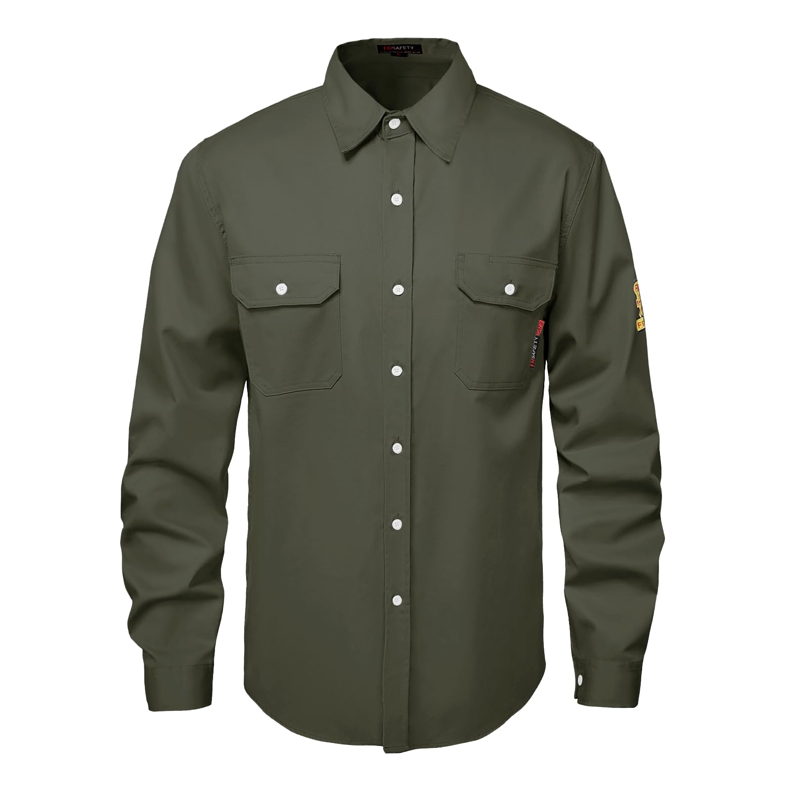Front view of the HivisPro FR2010 Green flame retardant long sleeve work shirt.