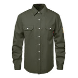 Front view of the HivisPro FR2010 Green flame retardant long sleeve work shirt