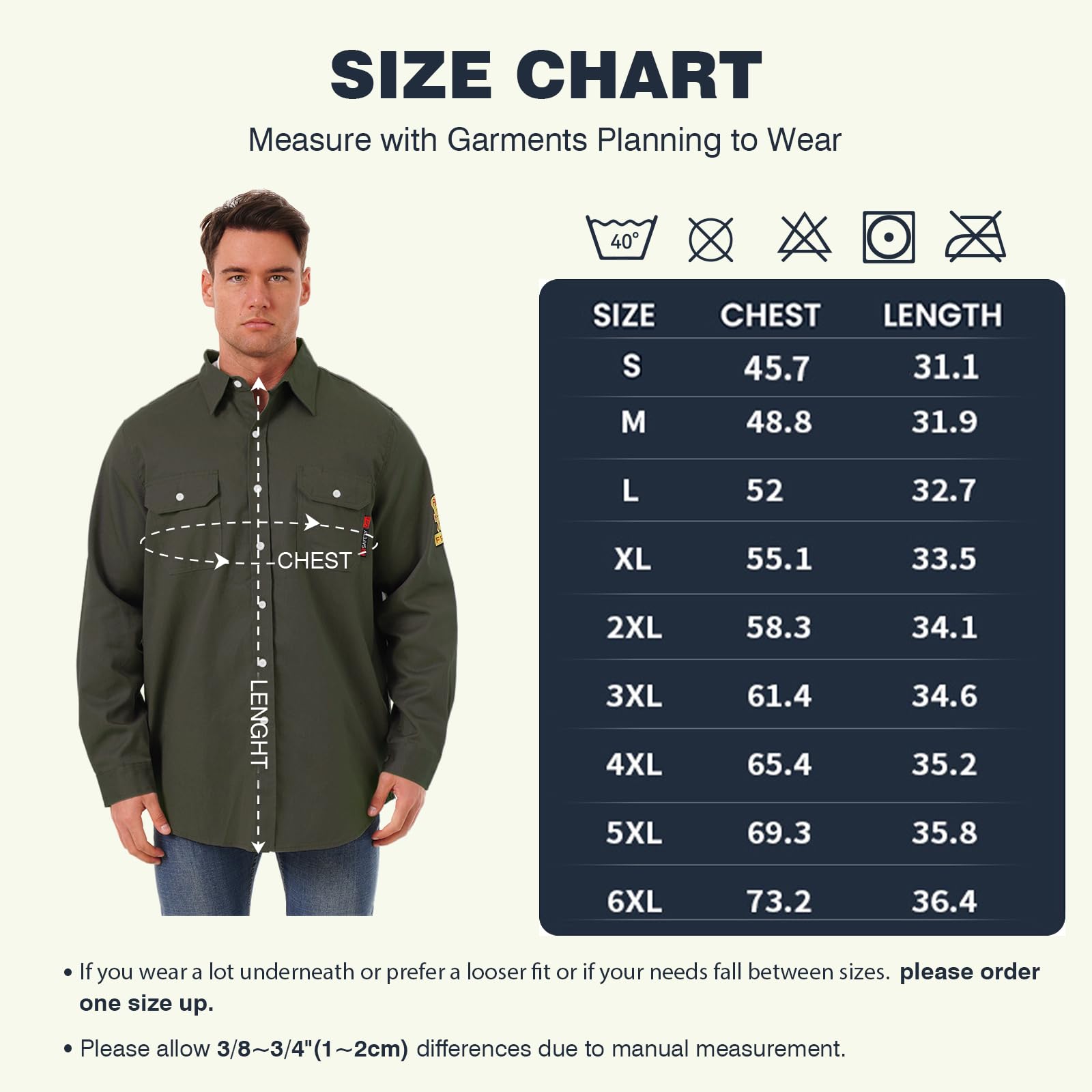 HivisPro FR2010 flame retardant work shirt size chart for industrial uniforms