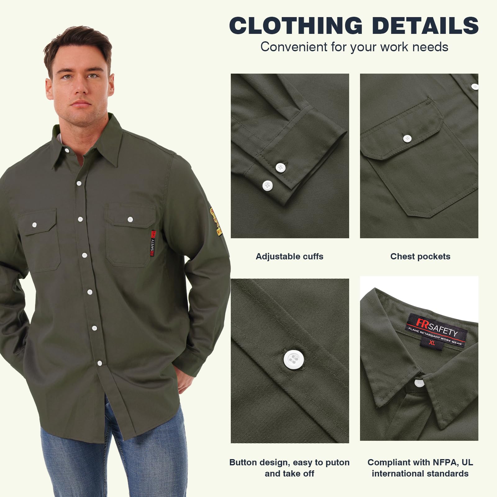 Detailed view of the HivisPro FR2010 flame retardant work shirt, showing features like durable stitching and chest pockets