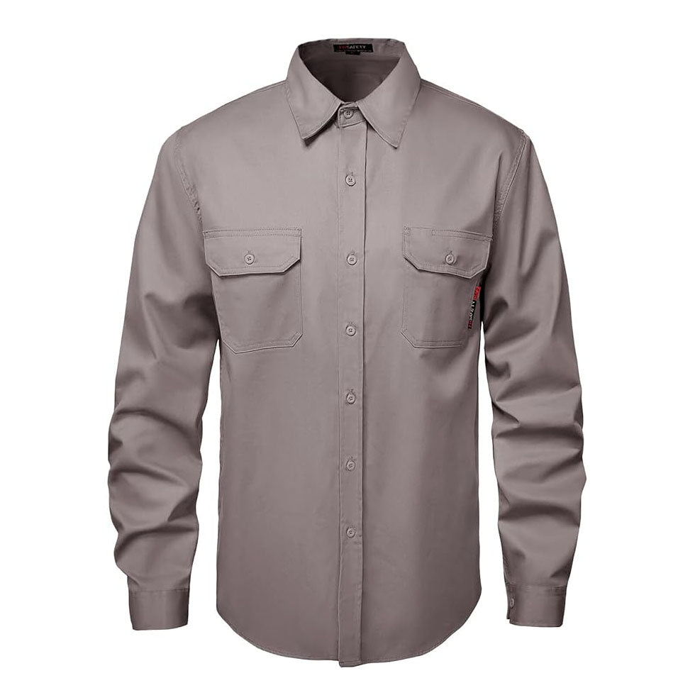 Front view of the HivisPro FR2011 gray flame retardant long sleeve work shirt.