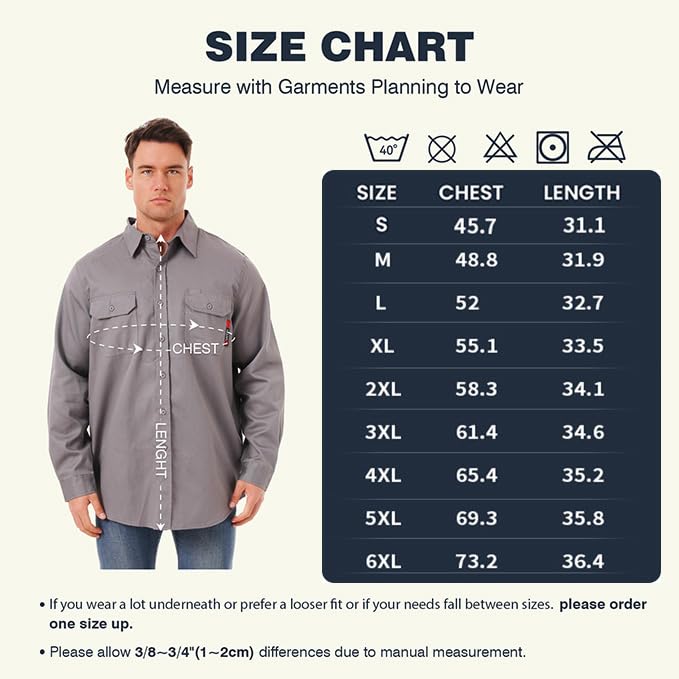 HivisPro FR2011 flame retardant work shirt size chart for industrial uniforms