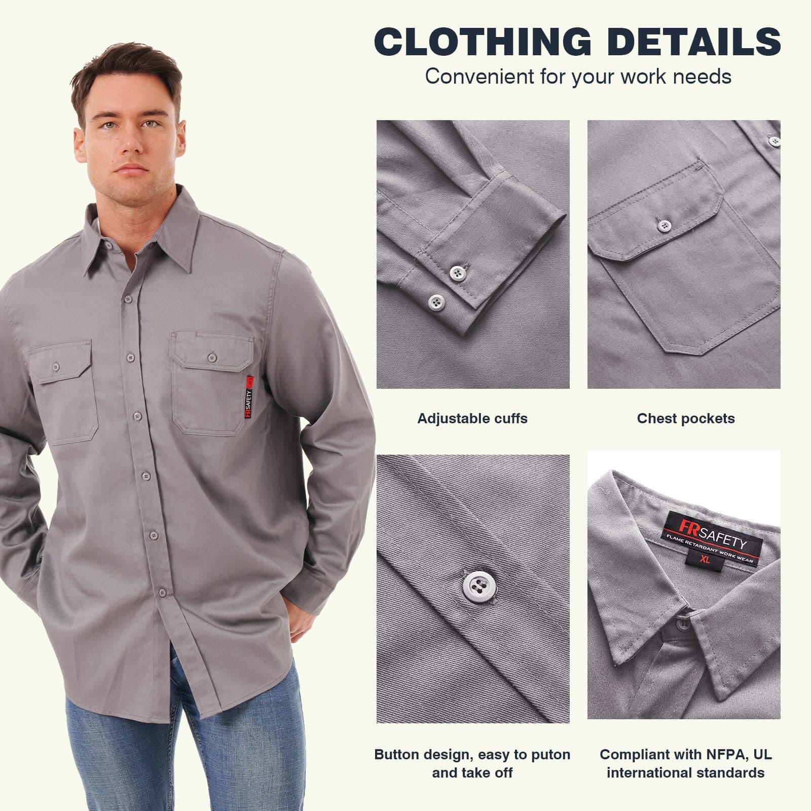 Detailed view of the HivisPro FR2011 flame retardant work shirt, showing features like durable stitching and chest pockets.
