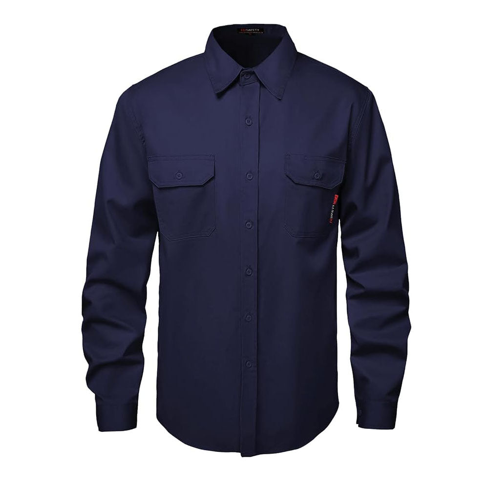 Front view of the HivisPro FR2013 navy flame retardant long sleeve work shirt.