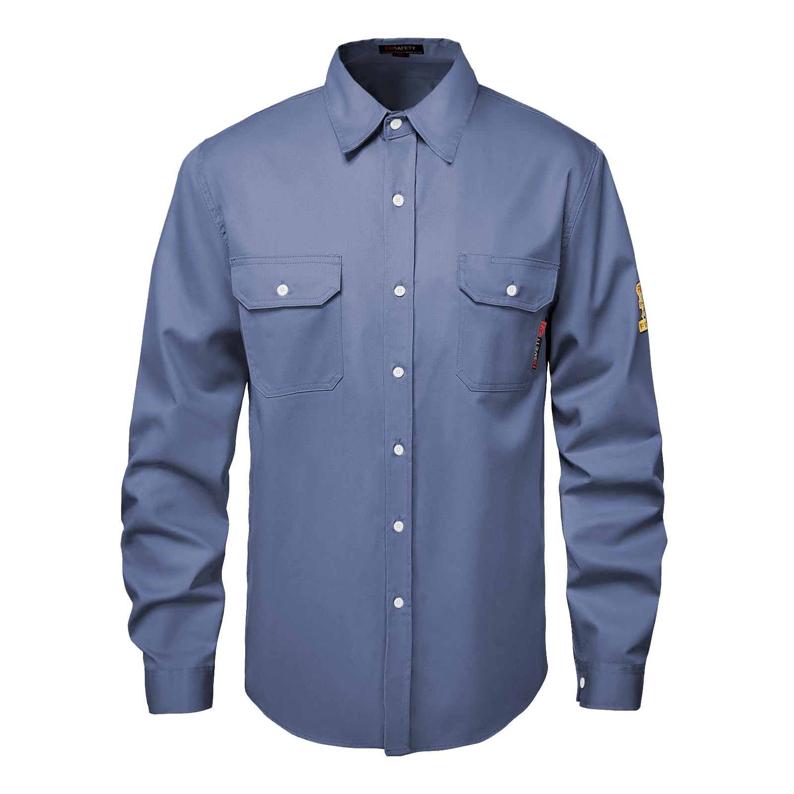 Front view of the HivisPro FR2019 blue flame retardant long sleeve work shirt.