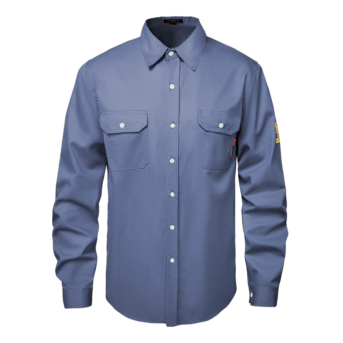 Front view of the HivisPro FR2019 blue flame retardant long sleeve work shirt