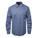 Front view of the HivisPro FR2019 blue flame retardant long sleeve work shirt