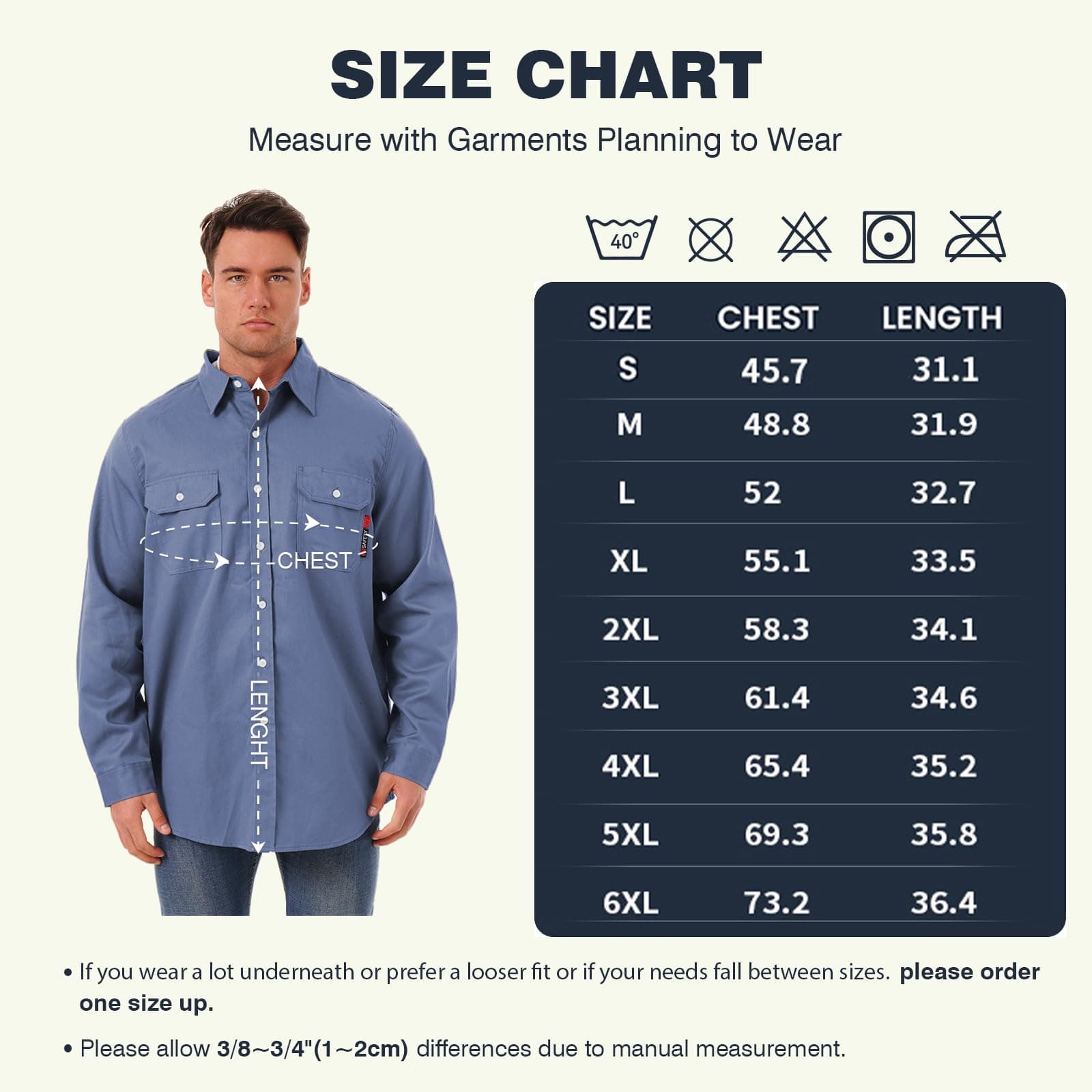 HivisPro FR2019 flame retardant work shirt size chart for industrial uniforms.