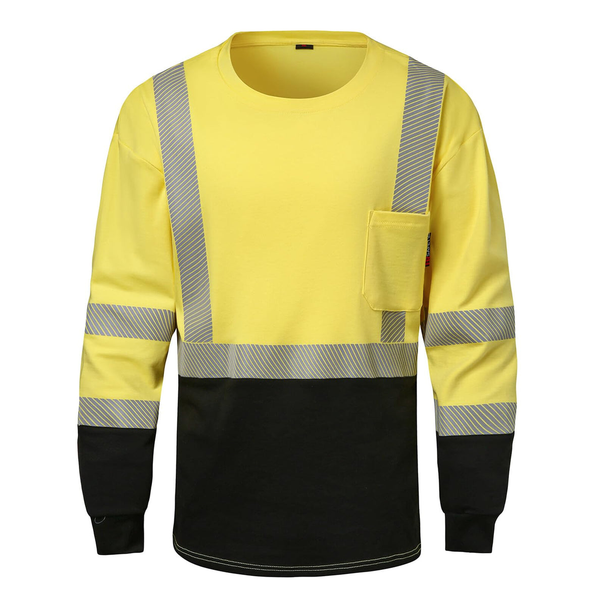 Front view of the HivisPro FRL1011 two-tone lime and black flame resistant safety shirt with reflective tape