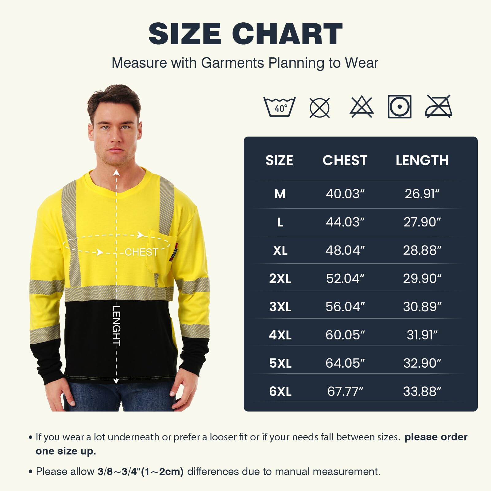 HivisPro FRL1011 flame resistant two-tone high-visibility safety shirt size chart and model wearing the shirt.