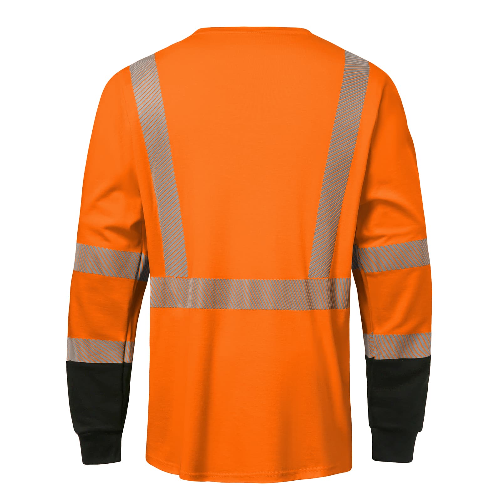Back view of the HivisPro FRL1012 flame resistant, high-visibility orange and black safety shirt with reflective stripes.