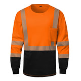 Front view of the HivisPro FRL1012 two-tone Orange and black flame resistant safety shirt with reflective tape.
