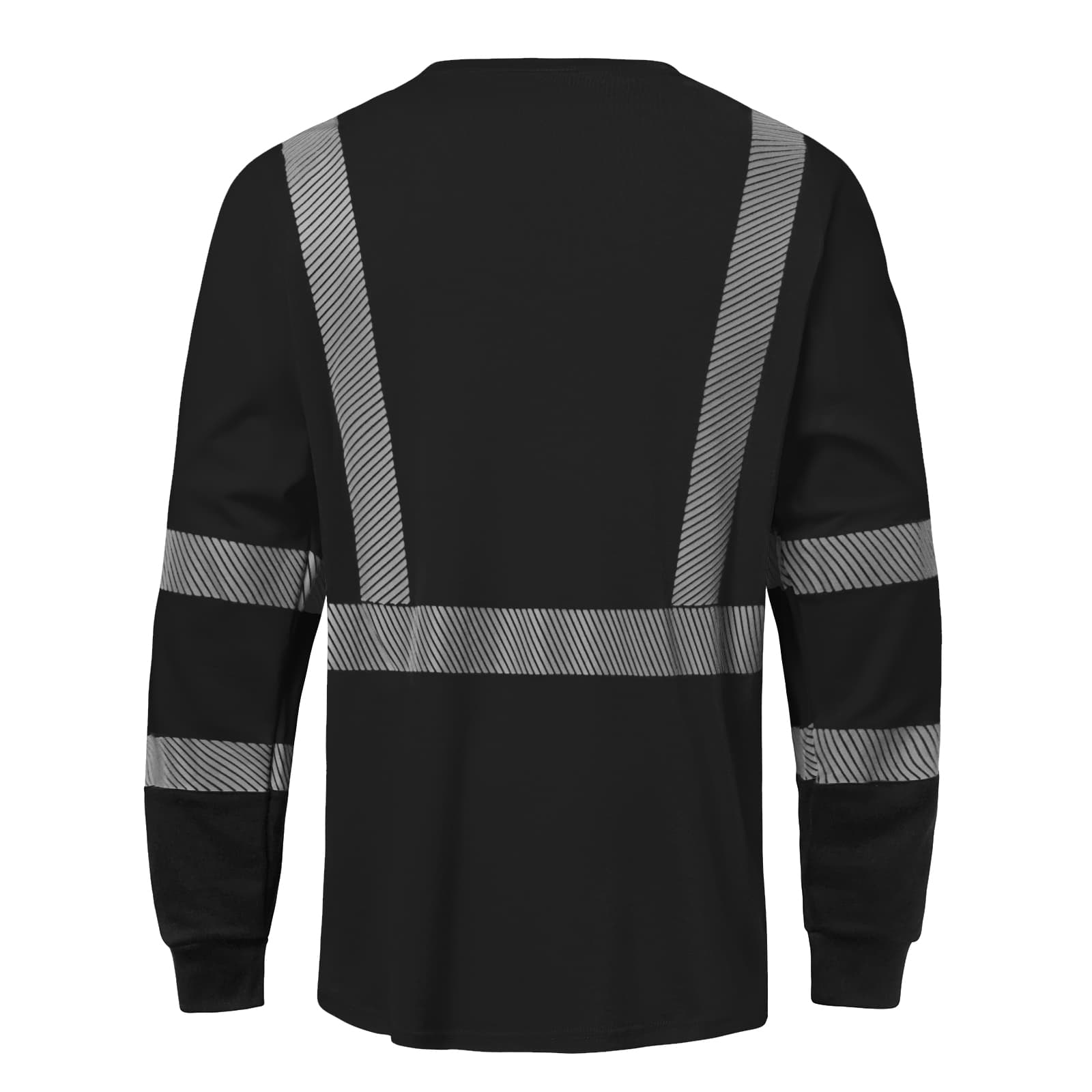 Back view of the HivisPro FRL1013 flame resistant, high-visibility black safety shirt with reflective stripes.