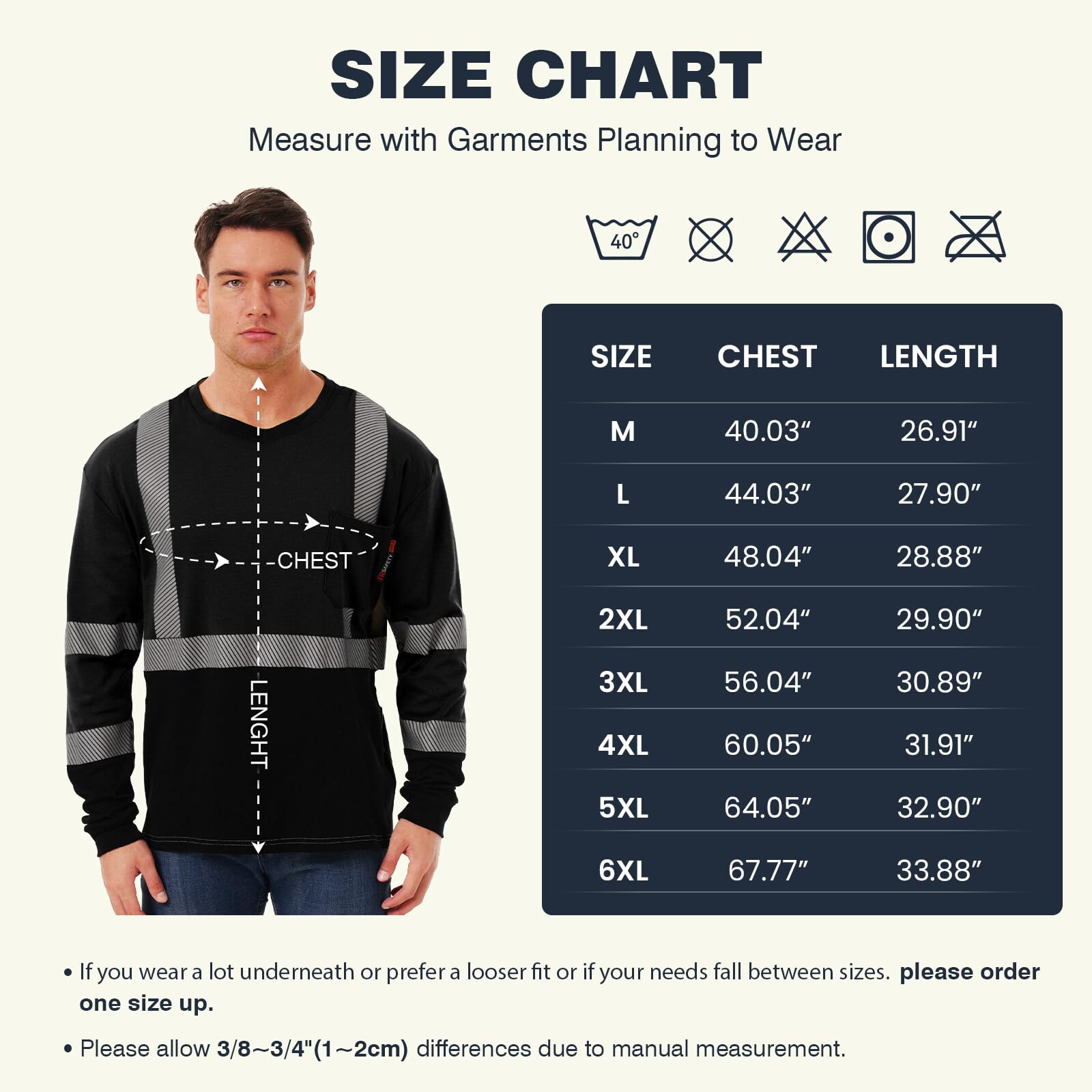 HivisPro FRL1013 flame resistant two-tone high-visibility safety shirt size chart and model wearing the shirt.