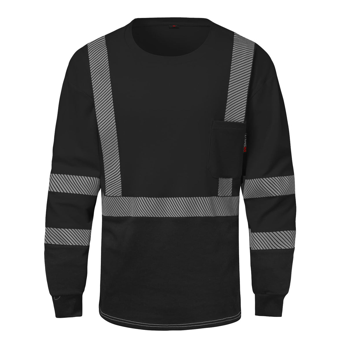 Front view of the HivisPro FRL1013 two-tone black flame resistant safety shirt with reflective tape