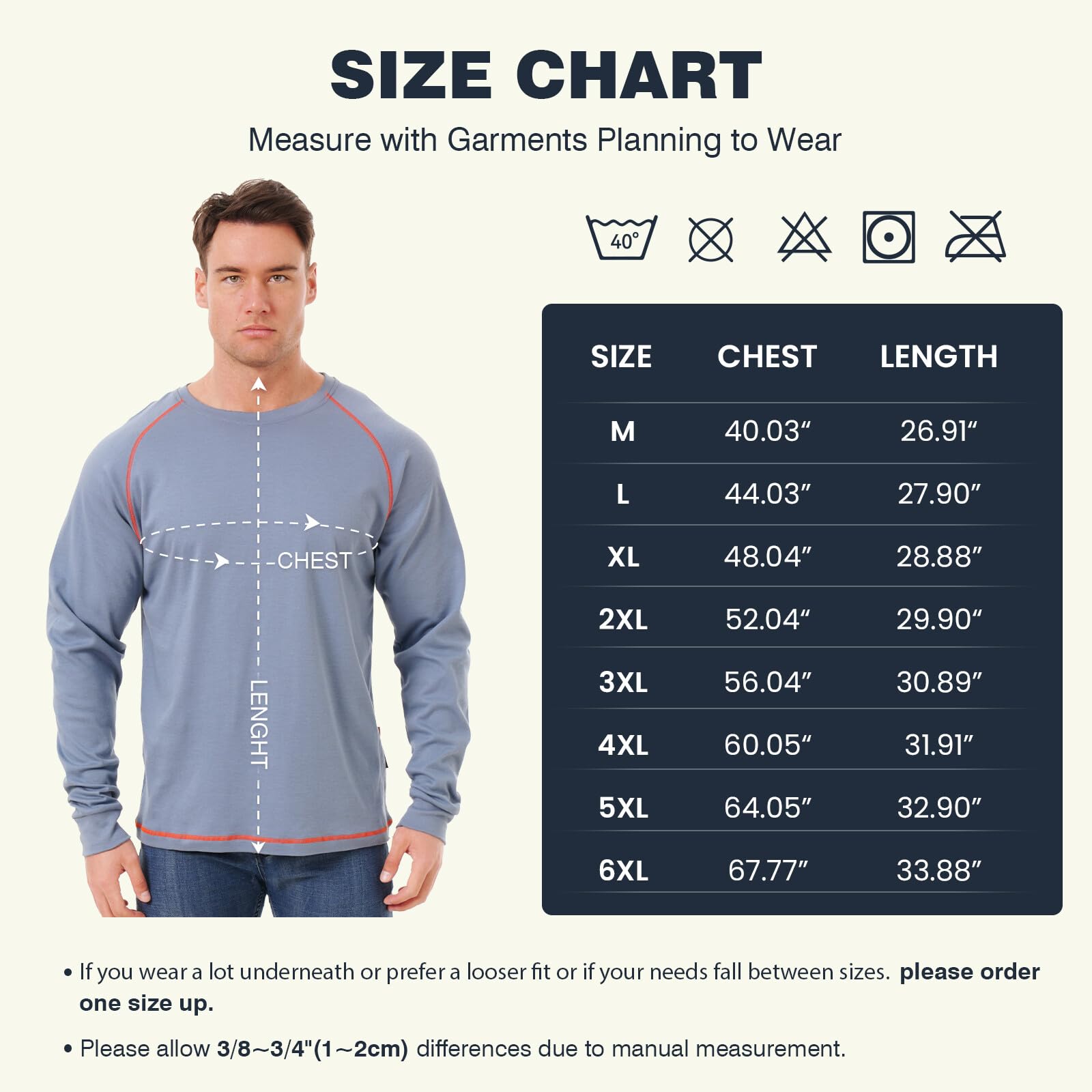 HivisPro FRL2011 flame resistant safety shirt size chart and model wearing the shirt.