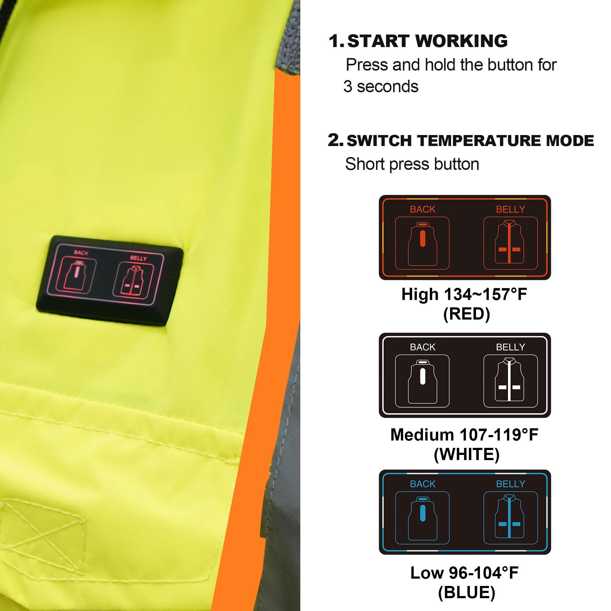 HivisPro J2091 heated safety jacket with detailed view of the temperature control button and heat settings