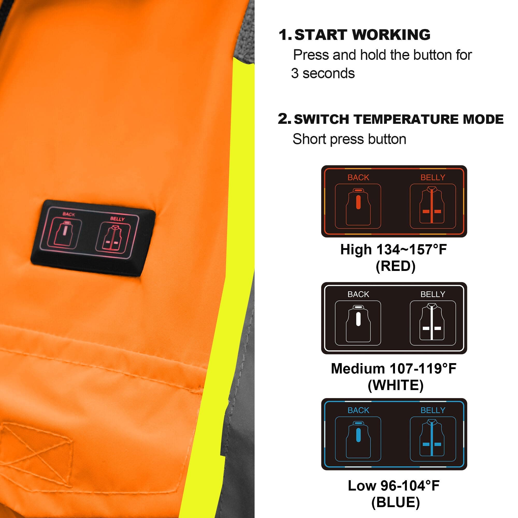 HivisPro J2092 heated safety jacket with detailed view of the temperature control button and heat settings