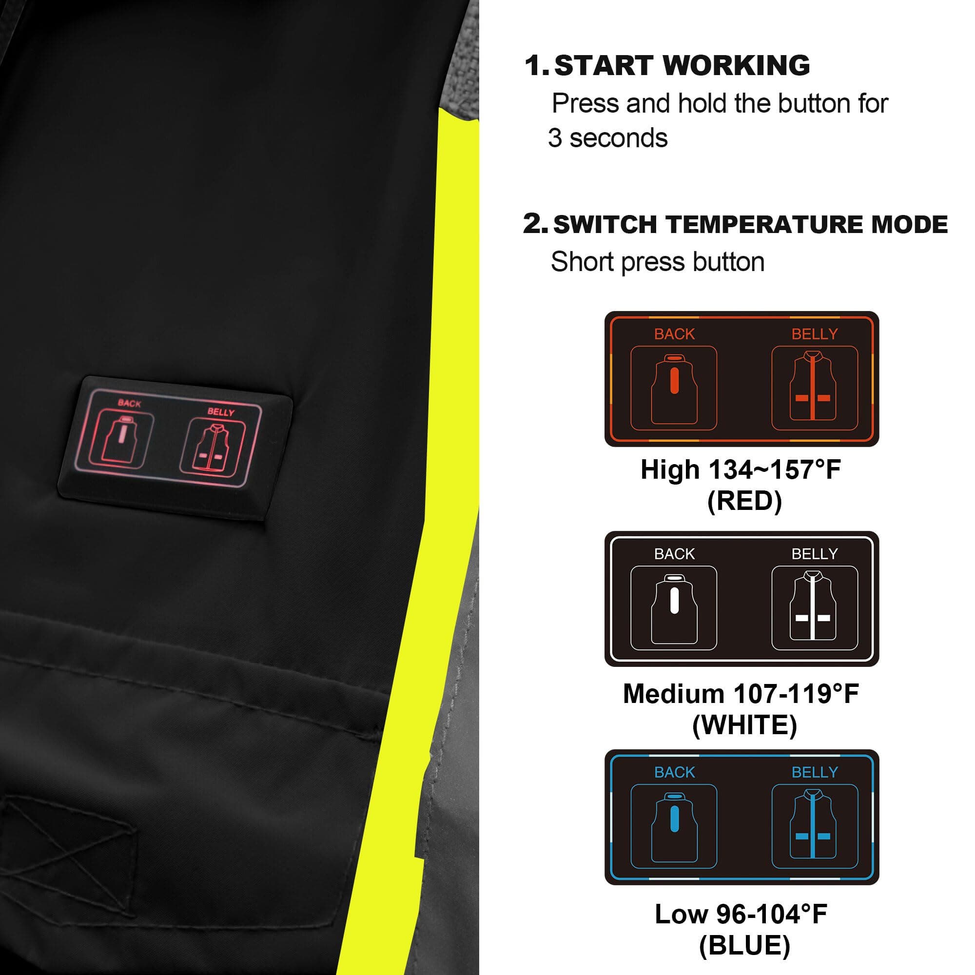 HivisPro J2093 heated safety jacket with detailed view of the temperature control button and heat settings.