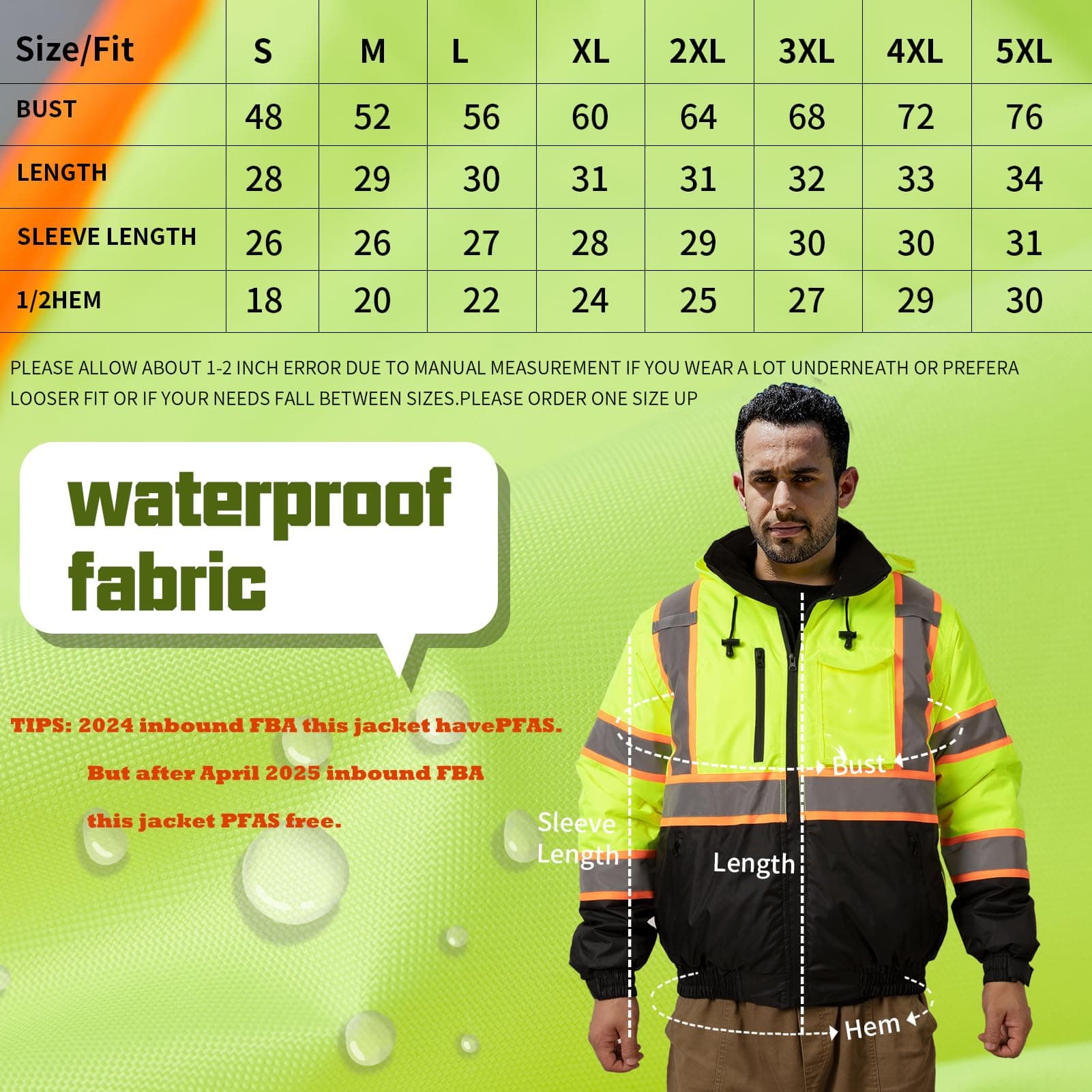 HivisPro J2101 high visibility safety jacket size chart with waterproof fabric detail