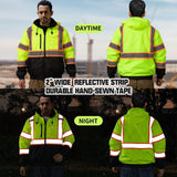 HivisPro J2101 high visibility safety jacket showing reflective stripes and multiple angles, daytime and nighttime