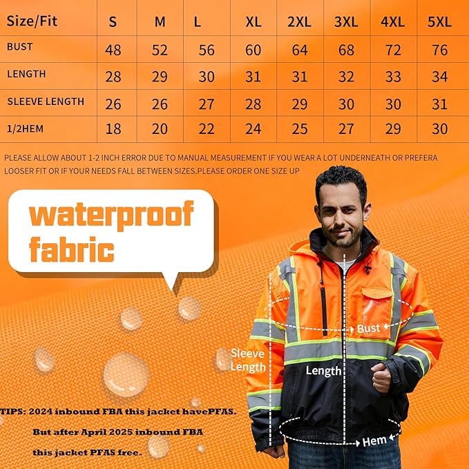 HivisPro J2102 high visibility safety jacket size chart with waterproof fabric detail.