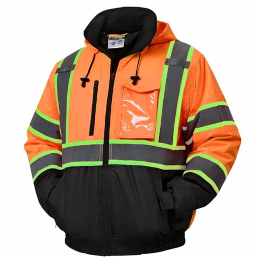Front view of the HivisPro J2102 high visibility safety jacket in orange and black