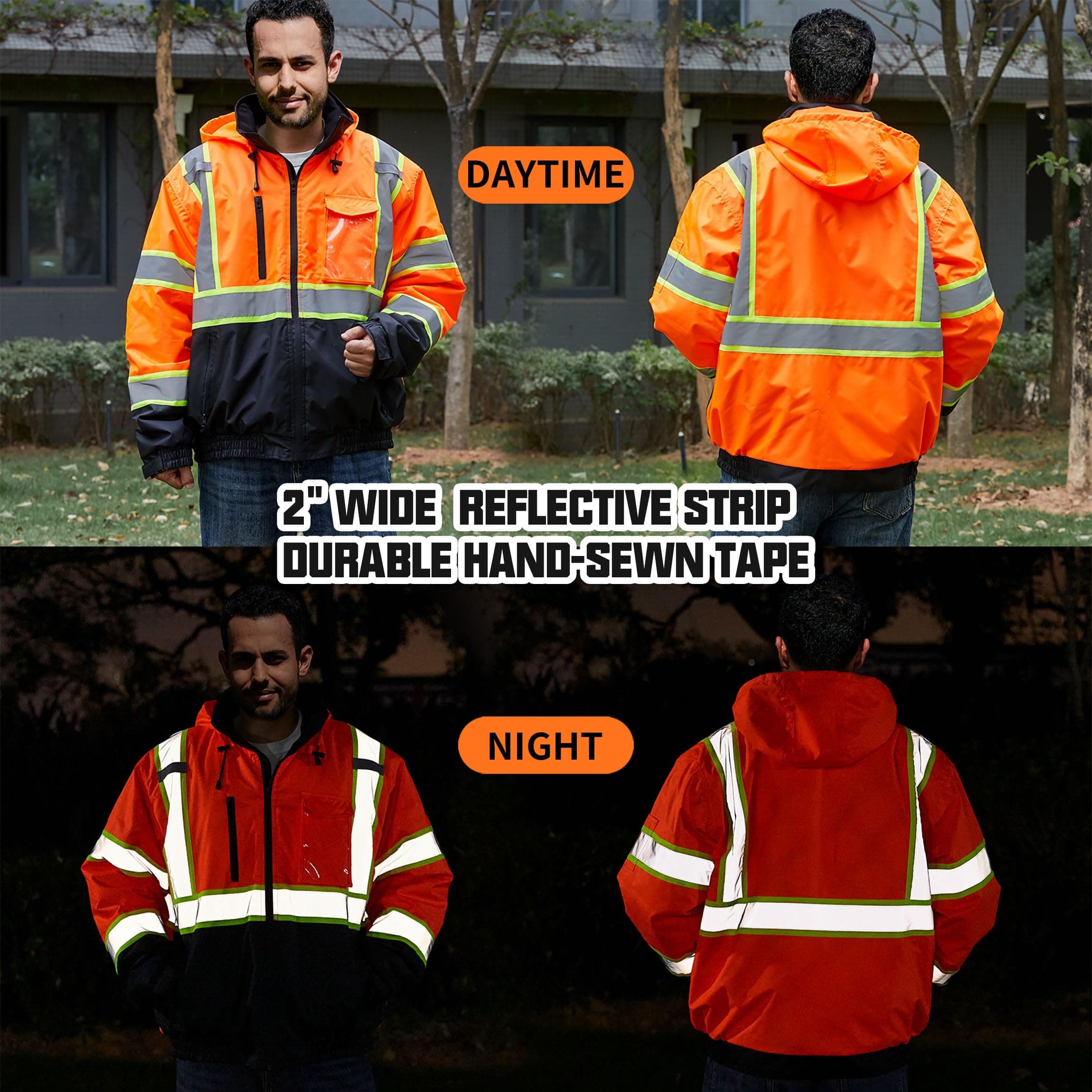 HivisPro J2102 high visibility safety jacket showing reflective stripes and multiple angles, daytime and nighttime